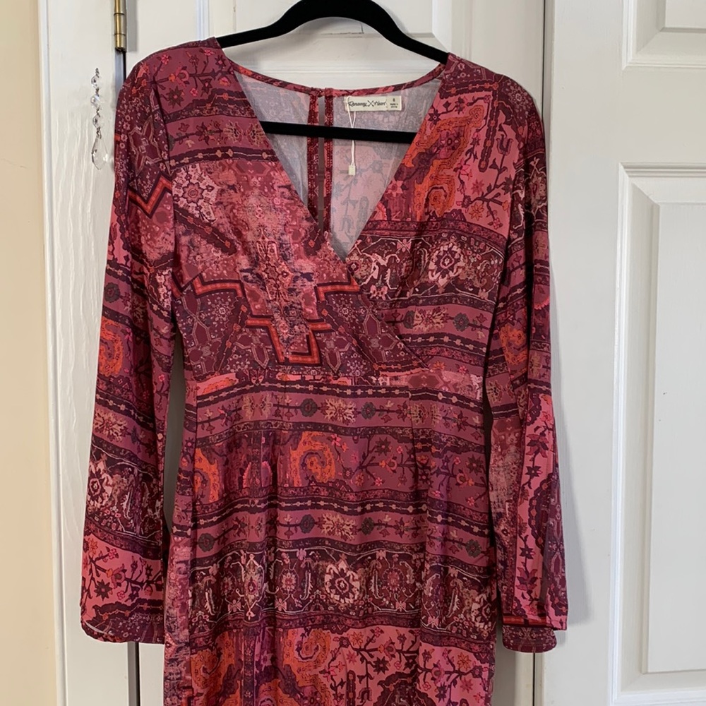 Bohemian multicolor pink bell sleeve hippie dress by Runaway heart size 8
